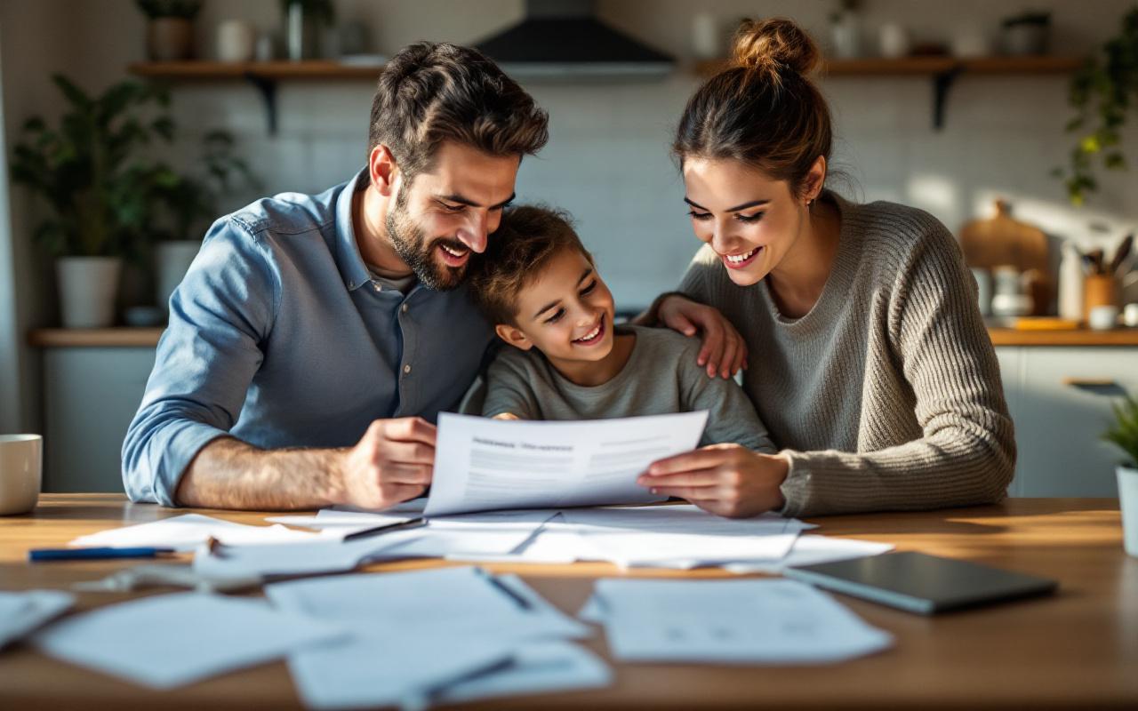 Une famille assise autour d'une table de cuisine examine des documents d'assurance santé, parents et adolescent concentrés mais solidaires, papiers et ordinateur portable éparpillés, lumière matinale douce traversant la fenêtre.