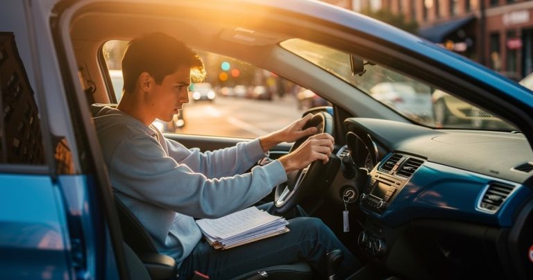 Conducteur consultant ses documents d assurance auto dans sa voiture au coucher du soleil