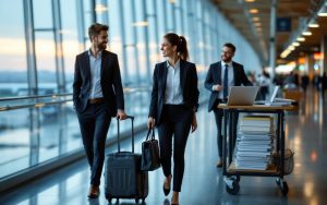 Équipe marketing en déplacement professionnel dans un aéroport moderne, transportant des valises et utilisant des ordinateurs, avec une ambiance business et des documents organisés.