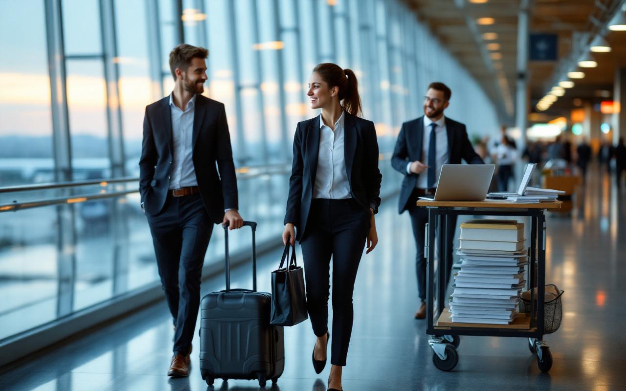 Équipe marketing en déplacement professionnel dans un aéroport moderne, transportant des valises et utilisant des ordinateurs, avec une ambiance business et des documents organisés.