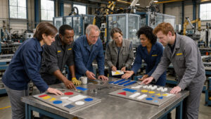 Des hommes et des femmes réunis dans un atelier industriel français, échangeant autour d’indicateurs visuels, avec des machines automatisées en arrière-plan.