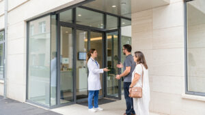 Façade contemporaine d’une clinique privée française avec deux membres du personnel soignant accueillant deux patients à l’entrée, dans une ambiance réaliste et professionnelle.