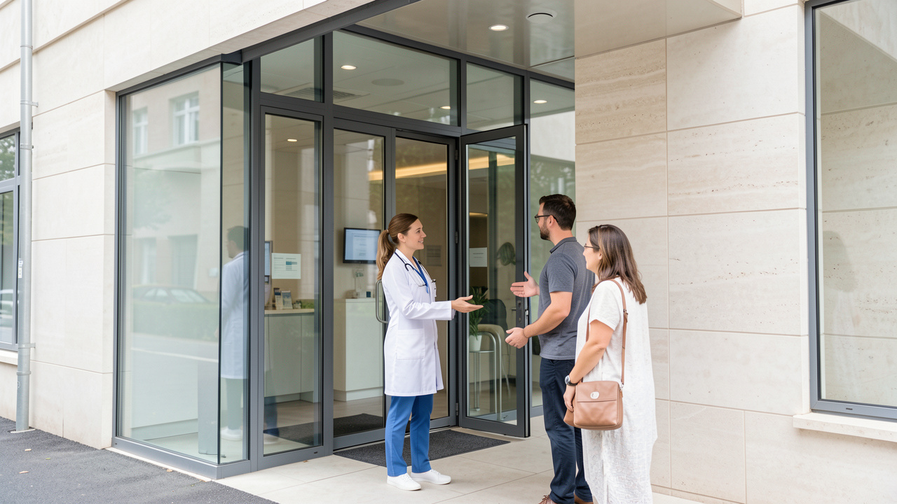 Façade contemporaine d’une clinique privée française avec deux membres du personnel soignant accueillant deux patients à l’entrée, dans une ambiance réaliste et professionnelle.