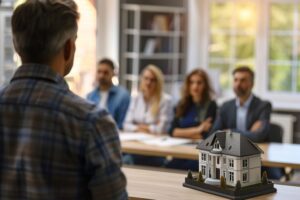 Participants suivent une formation en investissement immobilier autour d’une table, avec des documents et des graphiques sur les biens locatifs.