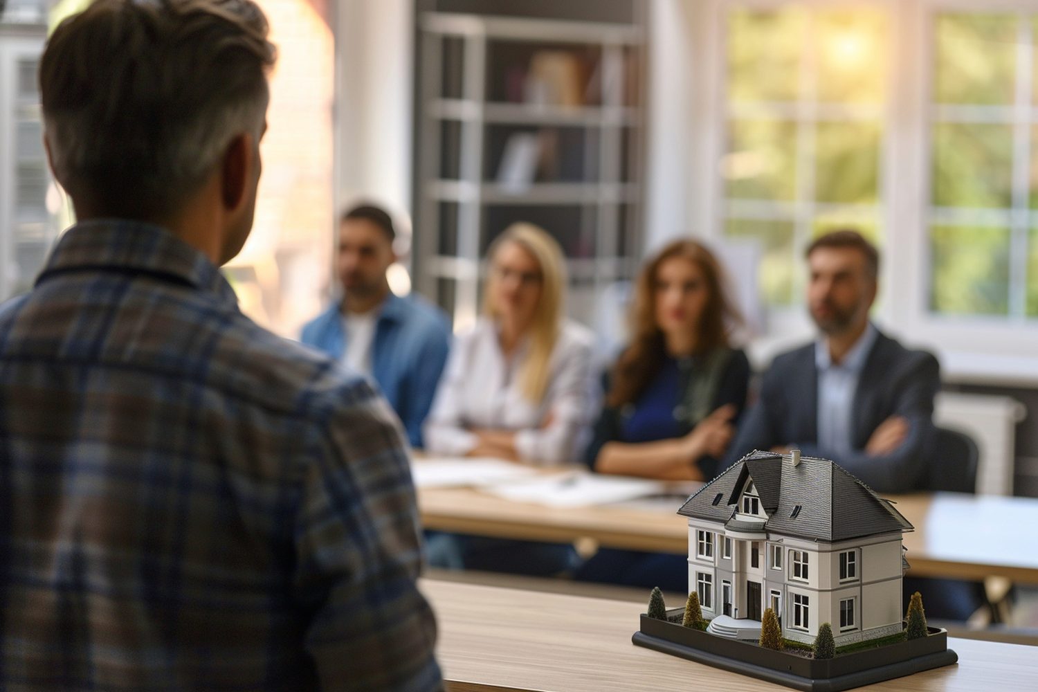 Participants suivent une formation en investissement immobilier autour d’une table, avec des documents et des graphiques sur les biens locatifs.
